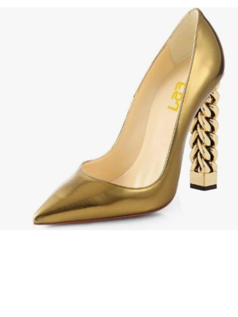 FSJ Women Gold Metal Chain Chunky High Heel Pointed Toe Slip On Fashion Shoes